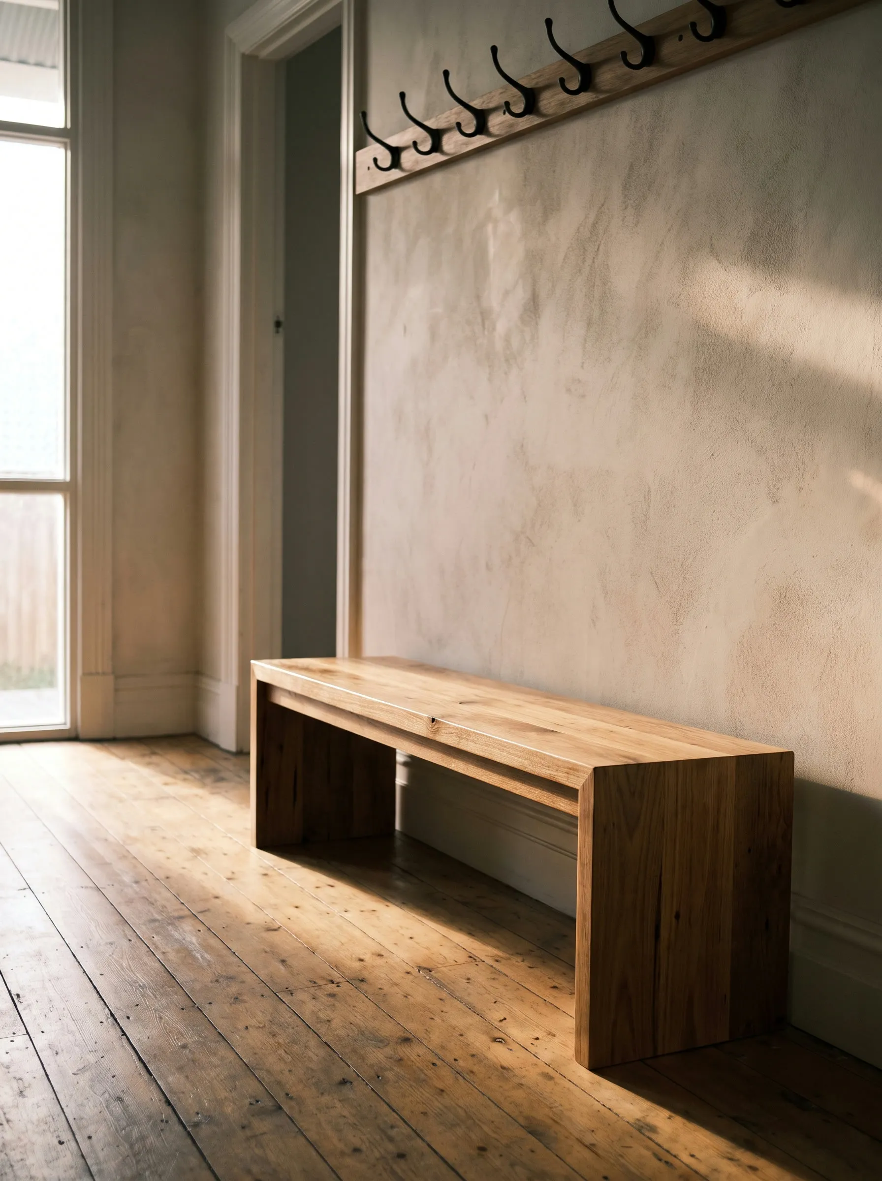 Built-in hallway bench, mitred and hand-finished