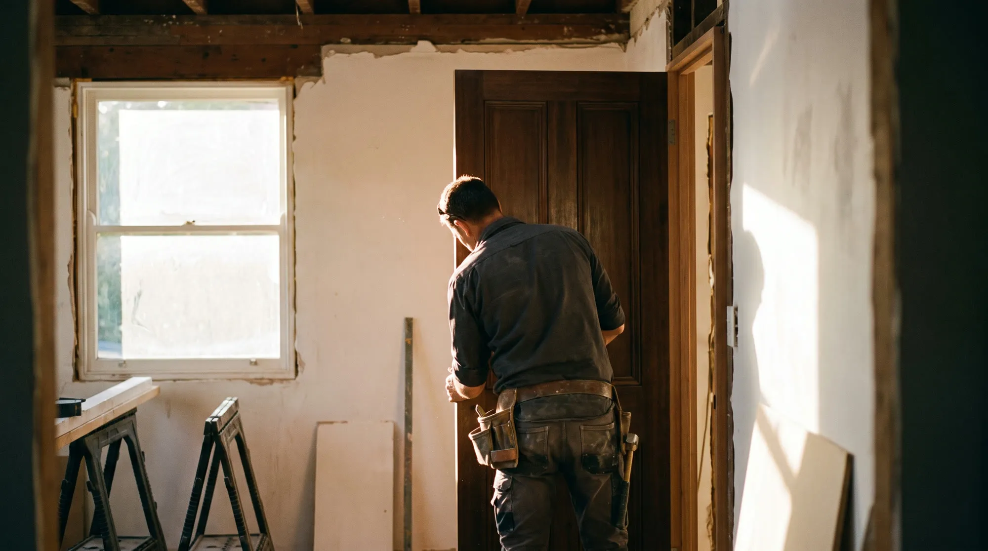 A tradesman fitting a solid timber door inside a half-renovated Australian home, late afternoon light across raw timber and fresh plaster