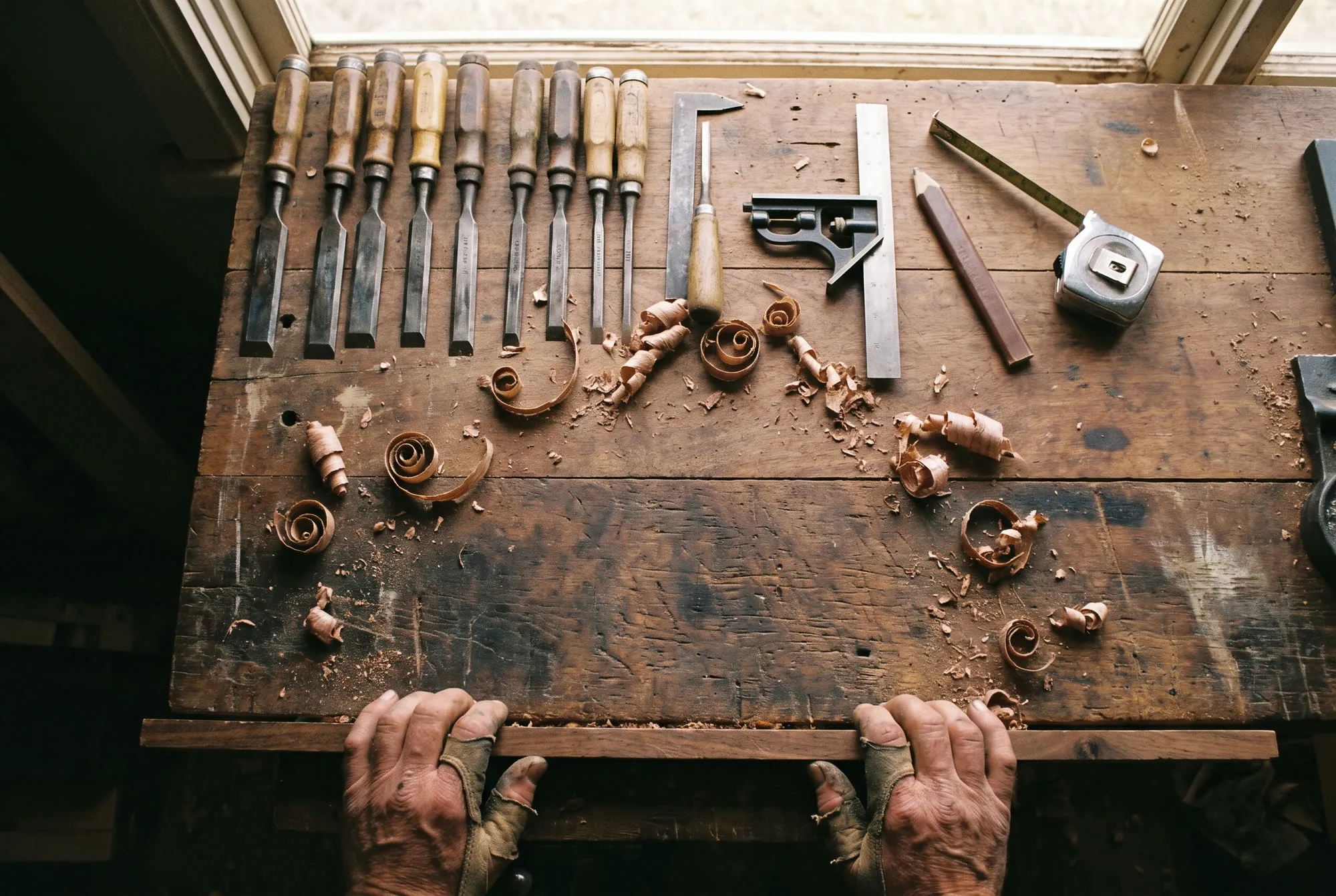 A tradesman's workbench: chisels laid out in a row, a combination square, pencil and tape measure on Australian hardwood